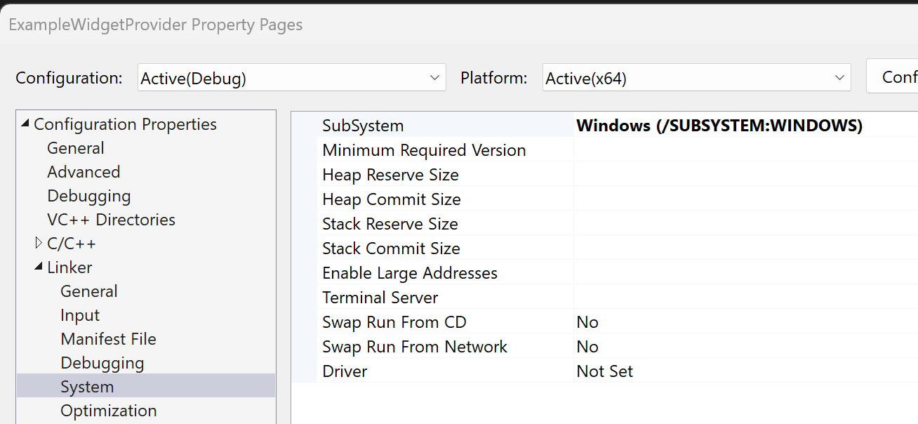 C++ ウィジェット プロバイダープロジェクトのプロパティを示すスクリーンショットで、出力の種類が Windows アプリケーションに設定されています