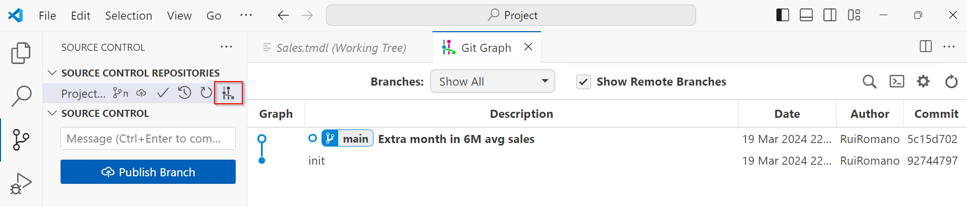 Bilde som viser GitGraph i VS Code.