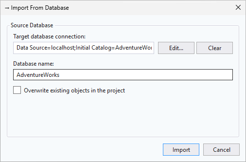 Screenshot of Import Database dialog in SSMS.