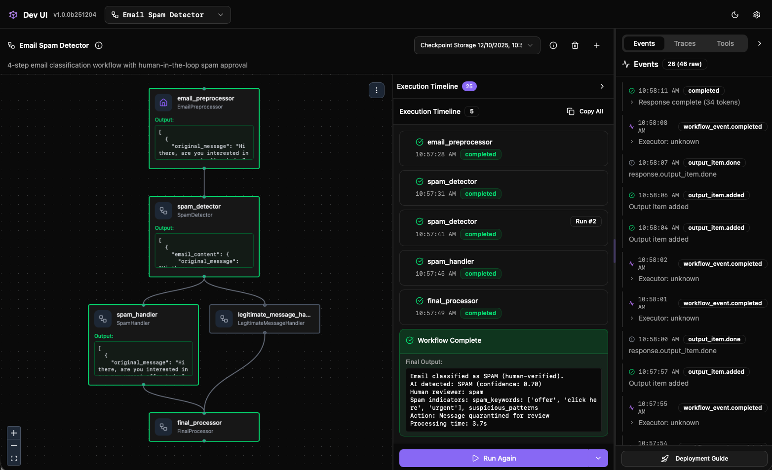 Dashboard van Agent Framework DevUI met agentenoverzicht en tracering