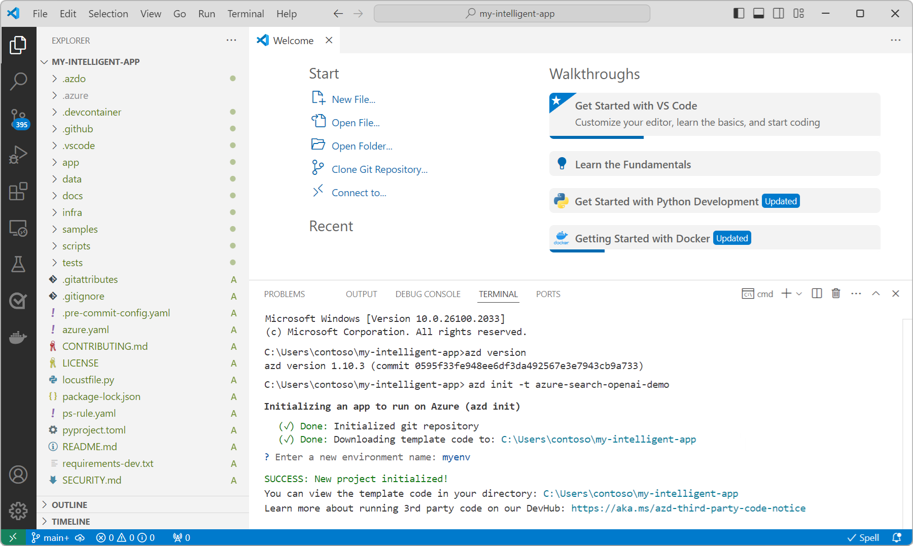 Schermopname van de projectmap my-intelligent-app die is geopend in de Verkenner-weergave in Visual Studio Code.