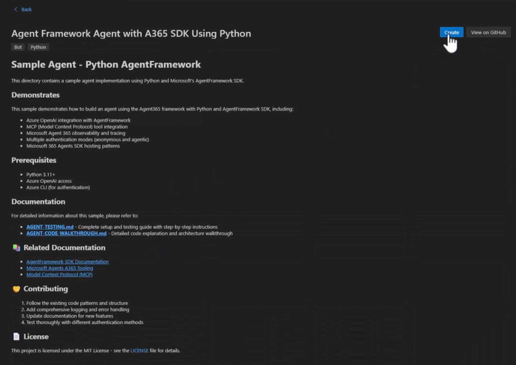 Schermopname van Agent Framework Agent met A365 SDK met Python-voorbeeld.