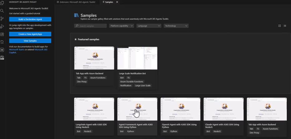 Schermopname van de welkomstweergave van de toolkit met de opties voor het bouwen van een declaratieve agent, het maken van een nieuwe agent of app en het weergeven van voorbeelden.