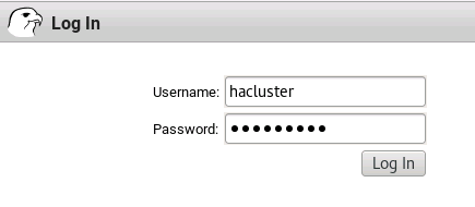Schermopname van de aanmeldingspagina van de Pacemaker-webgebruikersinterface met de gebruikersnaam hacluster ingevoerd.