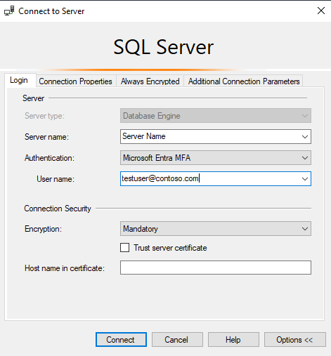 Schermopname van SSMS met het venster Verbinding maken met server.
