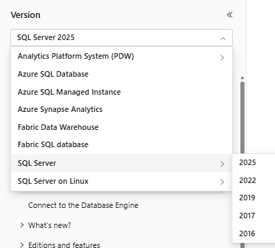 Schermopname van het versiefilter van SQL Docs.