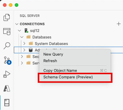 Schermopname van menu-item Schemavergelijking in Visual Studio Code-objectverkenner.