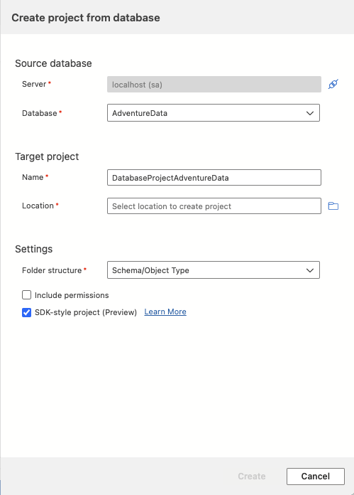Scherm van het dialoogvenster Project maken op basis van database in Visual Studio Code.