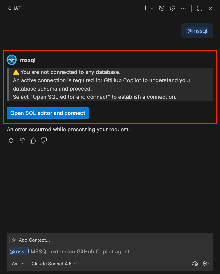 Schermopname van de @mssql chatdeelnemer die geen databaseverbinding detecteert en de gebruiker vraagt verbinding te maken.