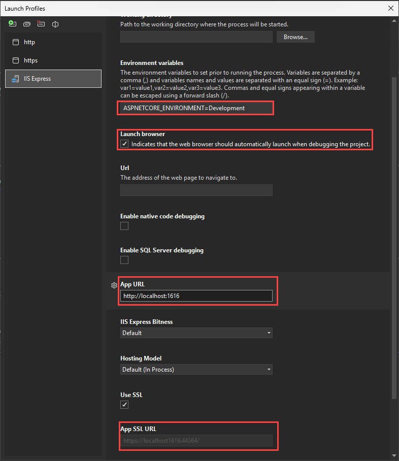 Schermopname van de instellingen voor het ASP.NET Core-foutopsporingsprogramma.