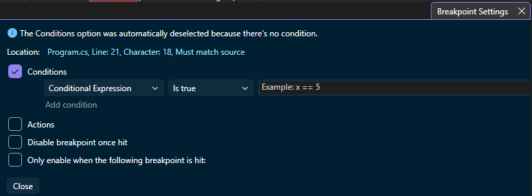 Schermafbeelding waarin wordt getoond hoe u een voorwaardelijk onderbrekingspunt instelt in Visual Studio.