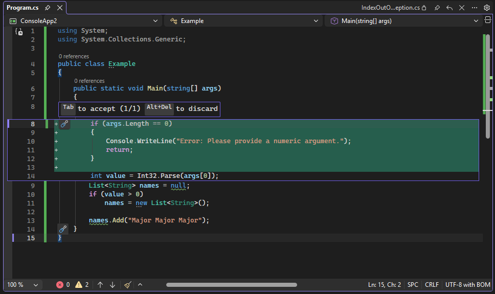 Voorbeeld van code in Visual Studio.