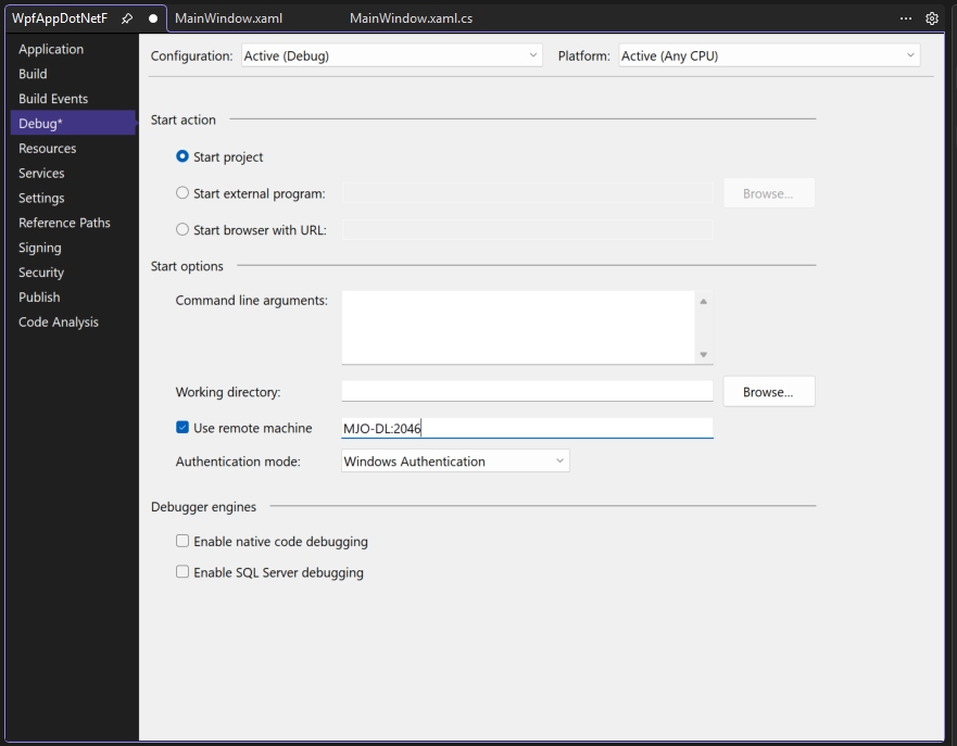 Schermopname van het tabblad Foutopsporing in de Visual Studio Project Eigenschappen. De eigenschap Externe machine gebruiken is ingesteld op 'MJO-DL:4026'.