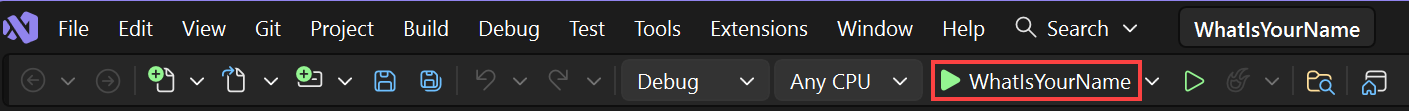 schermopname met de knop 'Wat is uw naam' gemarkeerd op de werkbalk van Visual Studio.