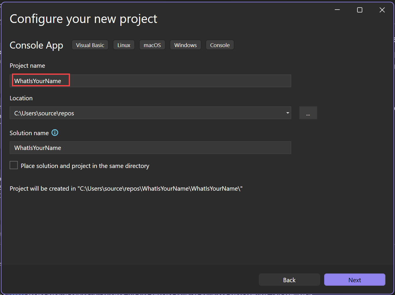 Schermopname van het venster Uw nieuwe project configureren in Visual Studio met het veld Projectnaam ingesteld op 'WhatIsYourName'.