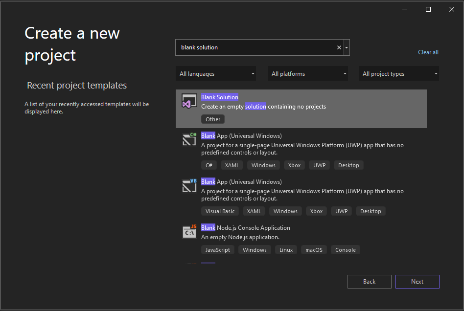 Schermafbeelding met het venster Nieuw project maken in Visual Studio 2022 met 'lege oplossing' in het zoekvak en de sjabloon Leeg oplossingsproject geselecteerd.