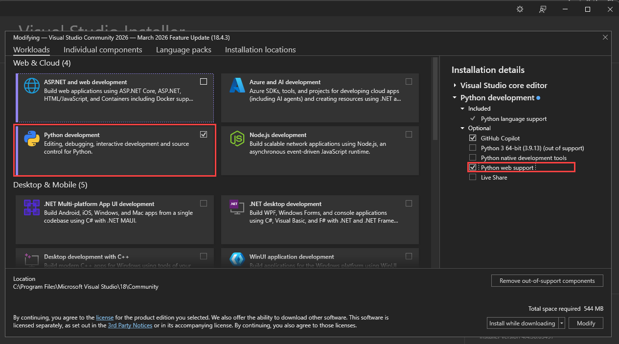 Schermopname van het Installatieprogramma van Visual Studio met de Python-ontwikkelworkload en python-webondersteuning geselecteerd.