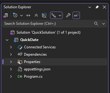 schermopname van Solution Explorer met een eigenschappenknooppunt dat wordt weergegeven.
