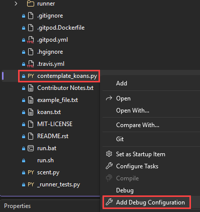 Schermafbeelding waarin wordt getoond hoe u de optie Foutopsporingsconfiguratie voor een geselecteerd bestand kunt selecteren in Visual Studio.