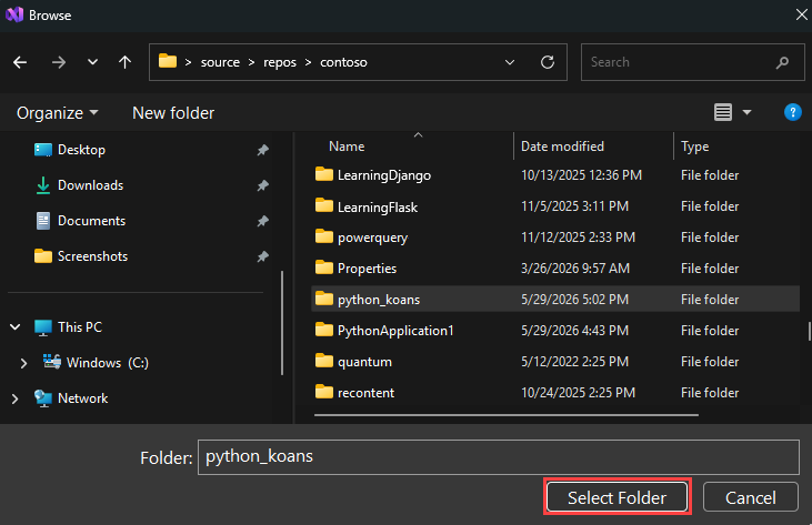 Schermafbeelding waarin wordt getoond hoe u de lokale map selecteert in Visual Studio.