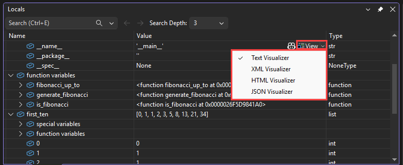 Schermopname die laat zien hoe u visualisaties kunt openen vanuit het vergrootglas in de weergave in het foutopsporingsprogramma van Visual Studio.