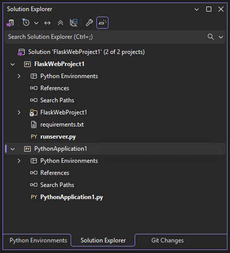 Schermopname van een Visual Studio-oplossing met zowel Python- als Flask-projecten in Solution Explorer.