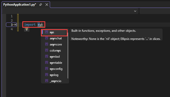 Schermopname van hoe IntelliSense de beschikbare modules voor een importinstructie weergeeft in de editor in Visual Studio.