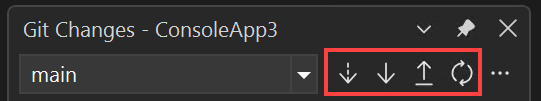 Schermopname van het Git-wijzigingen venster met de knoppen Ophalen, Binnenhalen, Pushen en Synchroniseren gemarkeerd in Visual Studio.
