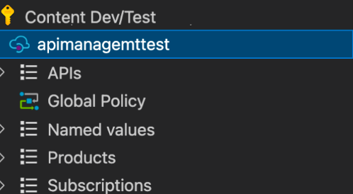 Instância de Gerenciamento de API recém-criada no painel de extensão gerenciamento de API do VS Code