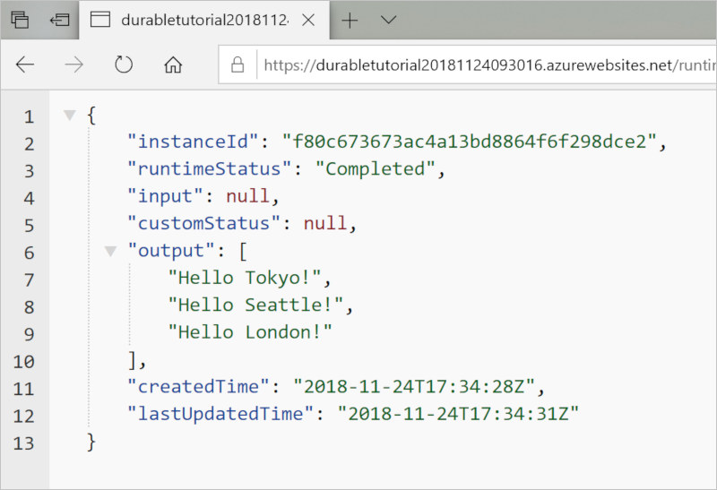 Captura de tela do aplicativo Python Durable Functions concluído em execução no Azure.