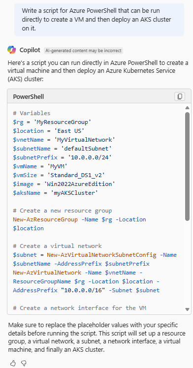 Captura de tela do Azure Copilot fornecendo um script do PowerShell que cria uma VM e implanta um cluster do AKS.