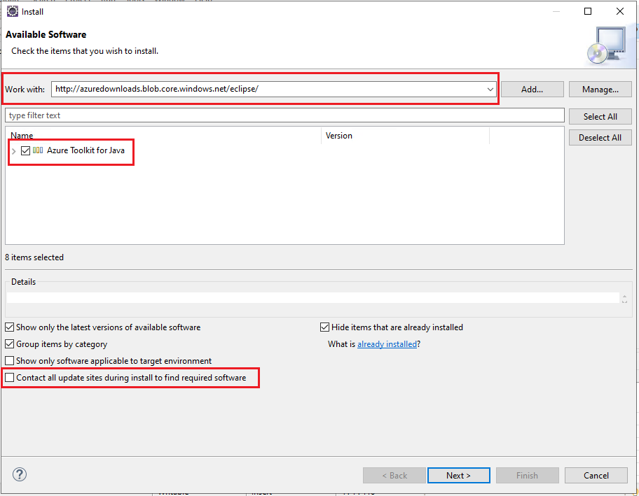 instalando o Kit de Ferramentas do Azure para Eclipse.