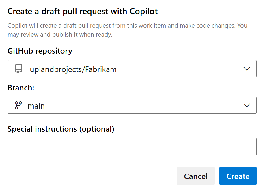 Screenshot mostra menus suspensos para repositório e branch, para criar um pull request de rascunho com Copilot.