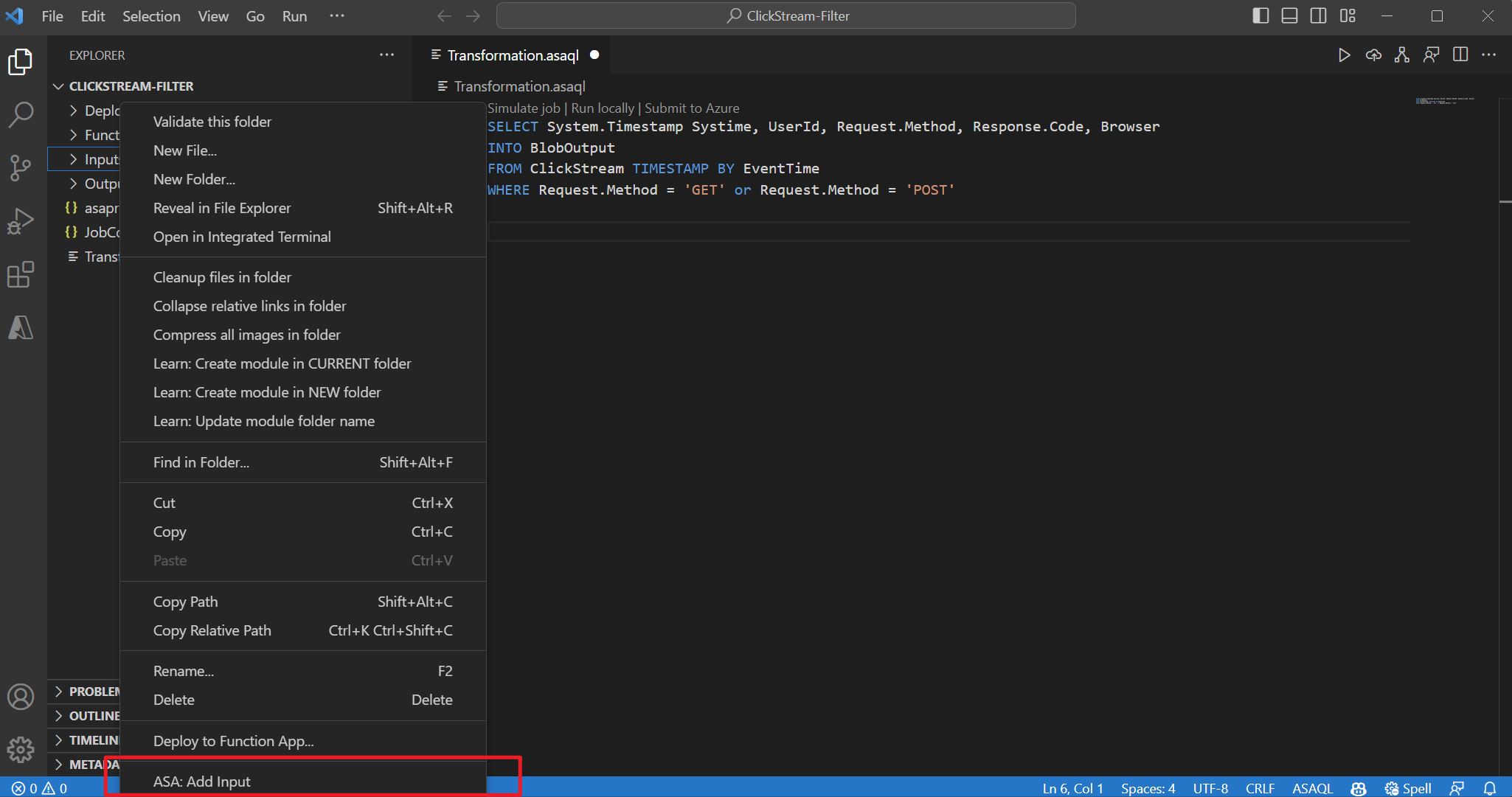 Captura de tela da extensão do VS Code adicionando entrada por meio do menu suspenso.