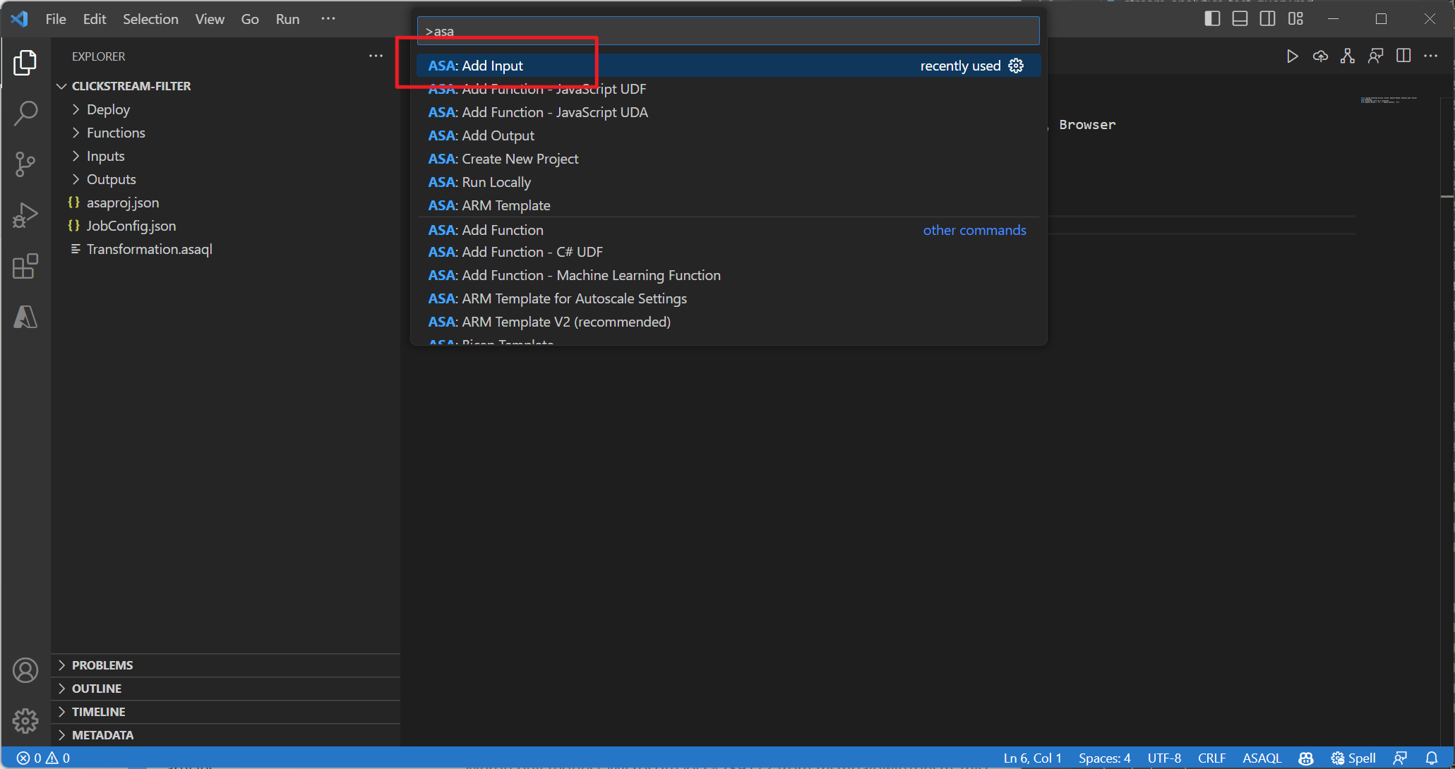Captura de tela da extensão do VS Code adicionando entrada por meio da paleta de comandos.