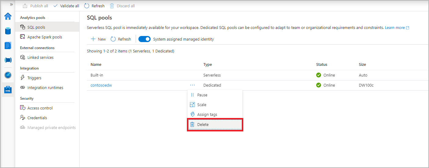 Uma captura de tela de todos os pools de SQL, com o pool criado recentemente selecionado.