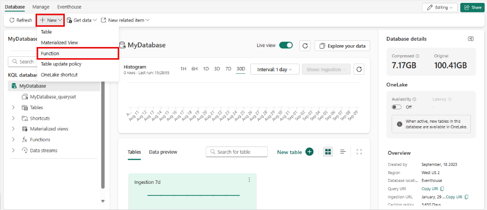 Captura de tela de uma página inicial do banco de dados KQL mostrando o menu suspenso 'Nova'. A opção intitulada Função está realçada.