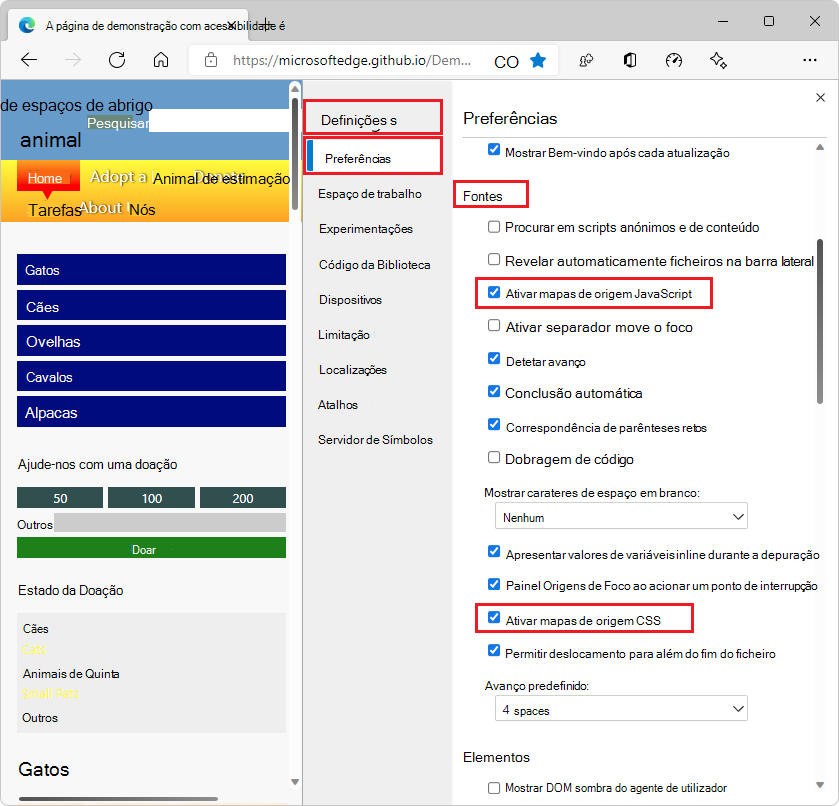 A secção Origens da página Preferências com as caixas de verificação 