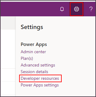 Captura de tela do menu Recursos do Desenvolvedor nas configurações do Power Apps.