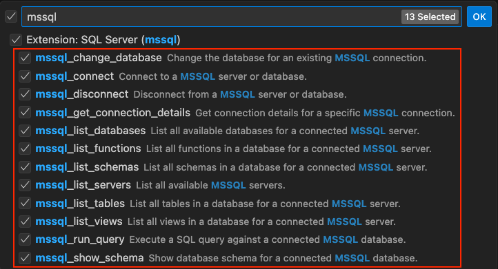 Captura de tela da lista de ferramentas específicas do SQL contribuídas pela extensão MSSQL no Modo do Agente copilot.