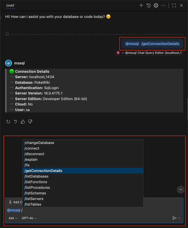 Captura de tela do uso de um exemplo de comando de barra no chat do GitHub Copilot.