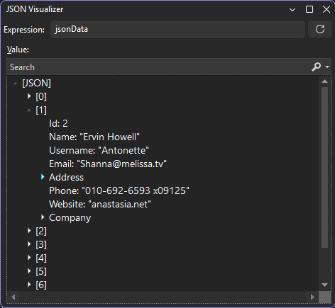 Captura de tela que mostra o Visualizador de Cadeia de Caracteres JSON.