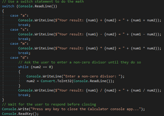 Captura de tela que mostra a seção de switch revisada no editor do Visual Studio Code.