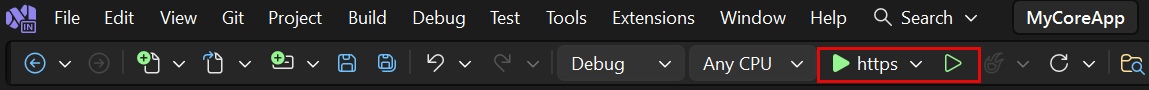Captura de tela mostra o botão https realçado na barra de ferramentas do Visual Studio.