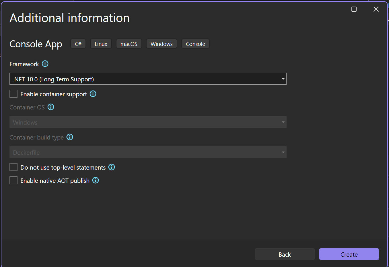 Captura de tela da janela Informações adicionais no Visual Studio que mostra o .NET 10.0 selecionado como a estrutura de destino para o novo projeto.
