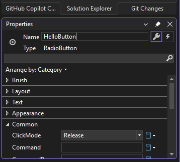 Screenshot mostrando a janela de Propriedades do Gerenciador de Soluções para o RadioButton 'HelloButton'.
