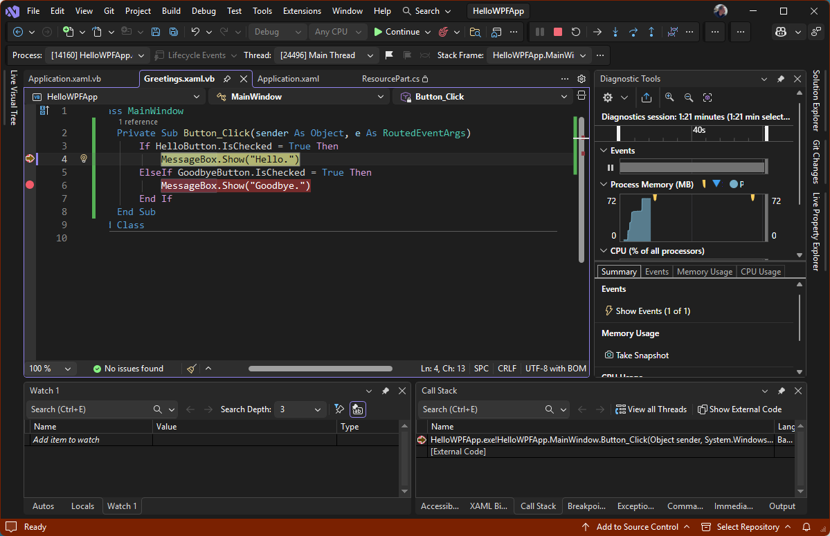 Screenshot mostrando uma sessão de depuração no Visual Studio com as janelas Código, Diagnósticos, Automáticas e Pilha de Chamadas abertas. A execução é interrompida em um ponto de quebra em Greetings.xaml.vb.
