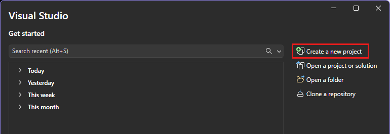 Screenshot da janela inicial em Visual Studio com a opção 