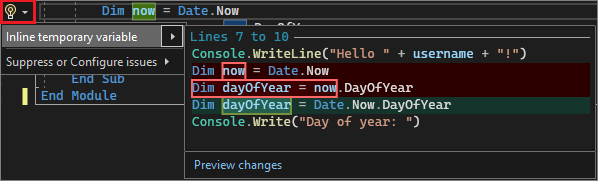 Screenshot mostrando a sugestão de variável temporária embutida no Visual Studio 2022.