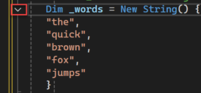 Screenshot do editor do Visual Studio Code com o botão para recolher a estrutura de uma seção de código realçada em vermelho.
